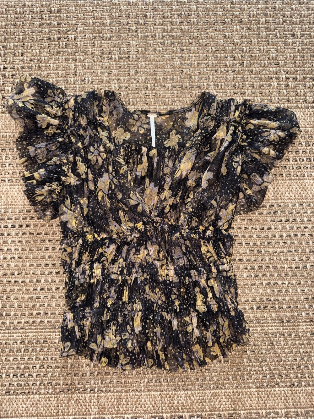 Free People Mesh Floral Ruffle Smocked Black and Gold Women's Top